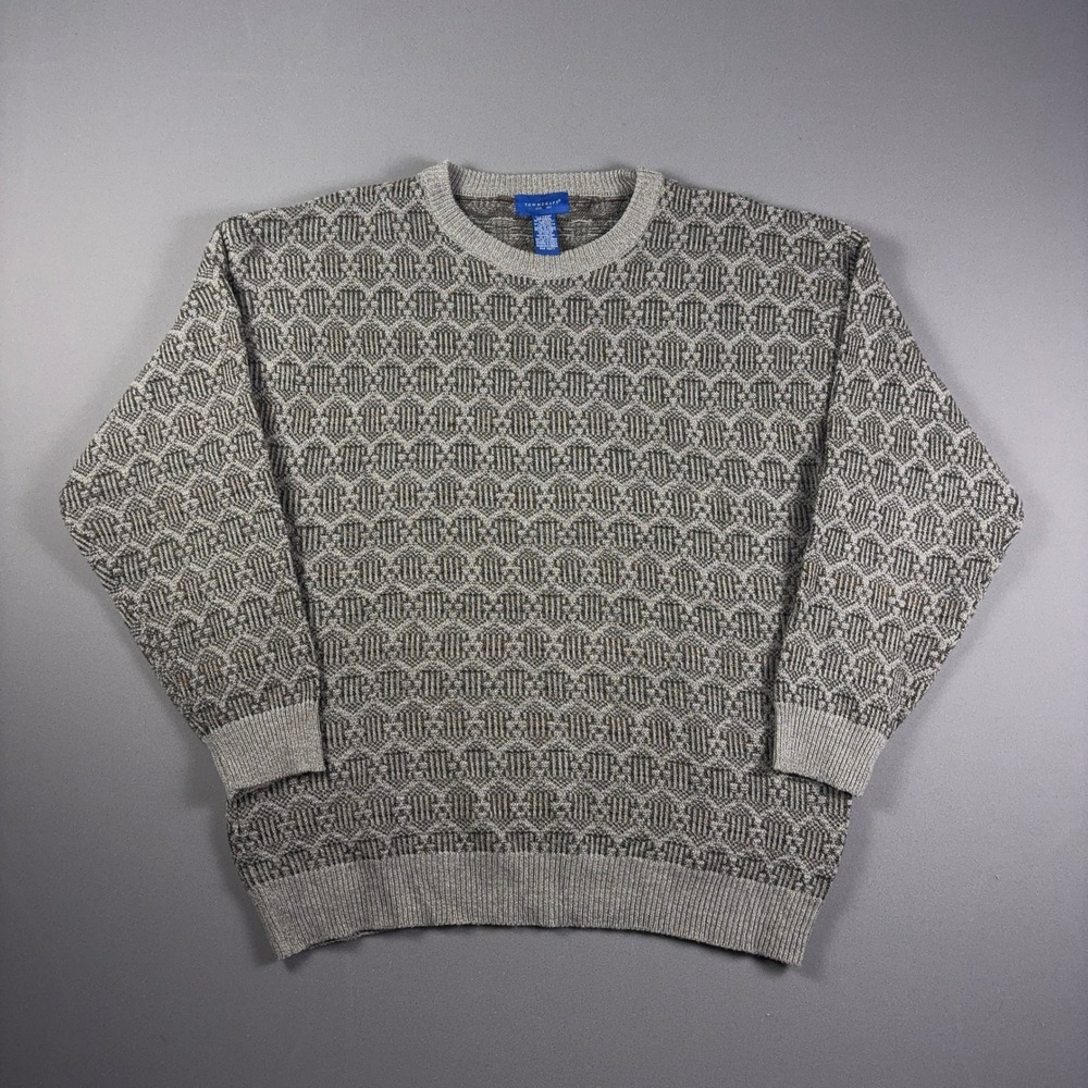 Vintage Towncraft Mens XL Geometric Knit Crewneck Sweater Grey Brown Earth Tone